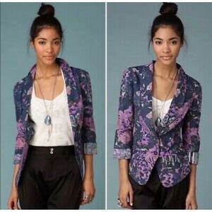 Free People Purple Floral‎ Linen Blend Blazer Jacket Size 6 Boho Tailored